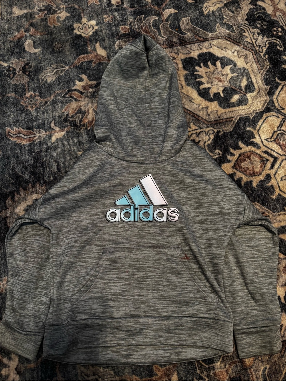 adidas Grey Hooded Kids Crewneck with Blue Accent Logo